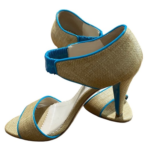 OSCAR DE LA RENTA - OPEN TOE BEIGE RAFFIA & TURQUOISE PATENT LEATHER - SZ 37 S8 - Picture 4 of 14
